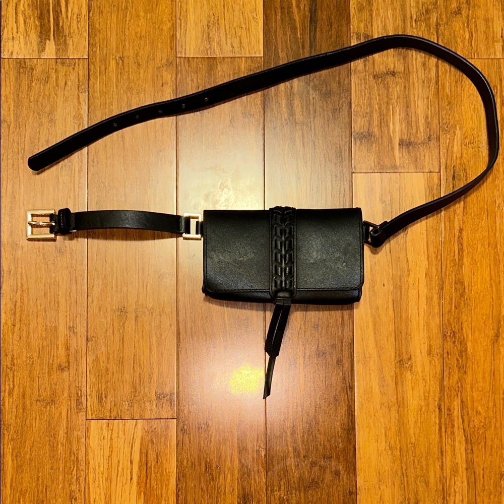 Tahari Black Belt Bag with Gold Buckle Minimalist Fashion